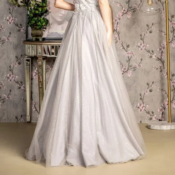 NEW LONG A-LINE SLEEVELESS MESH BEADED DRESS WITH ONE SHOULDER NECKLINE GL3384